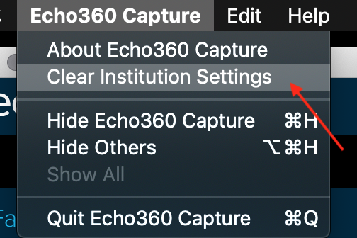 Universal Capture menu with Clear Institution Settings selected