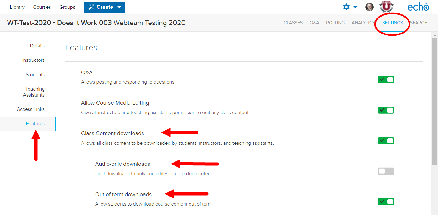 Section Settings Features with content download options identified for steps as described