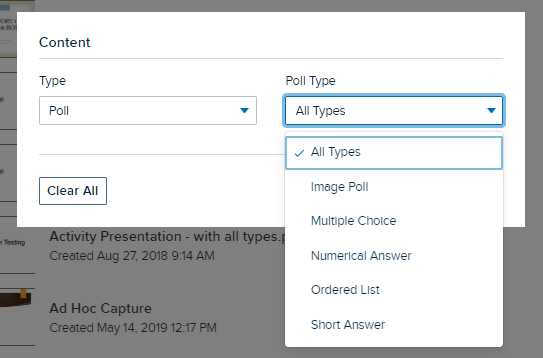 Filter content modal for library content with Poll selected and poll type drop-down list open showing selection options as described