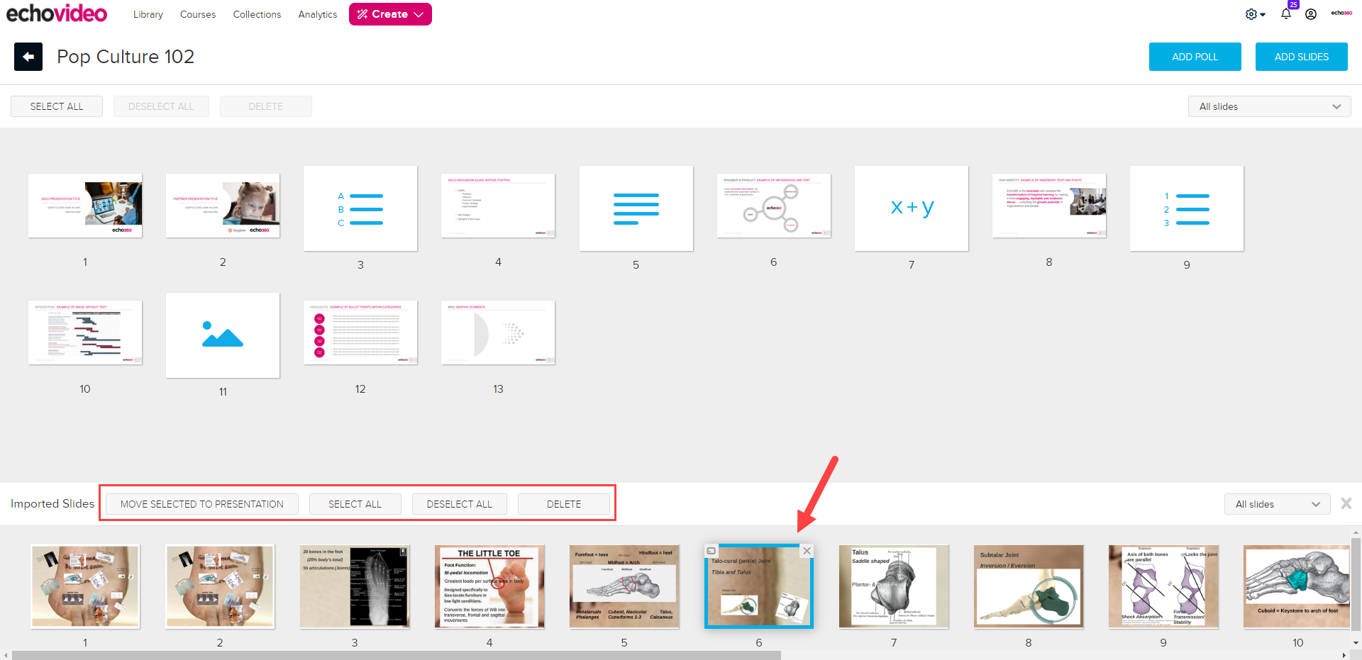 Edit presentation page with imported presentation slides showing in panel at the bottom as described