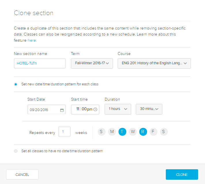 clone section dialog box with options for steps as described