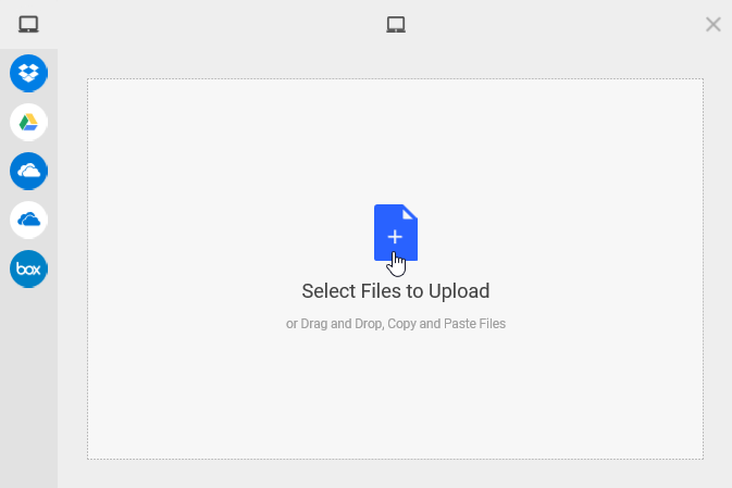 Filestack dialog box with location selection and select files to upload icons shown as described
