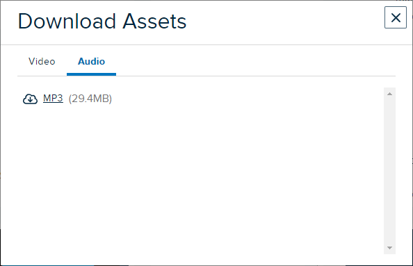 Audio tab of download assets modal with download option as described