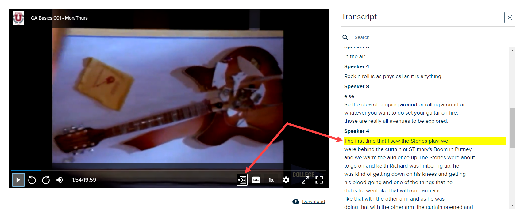media player with transcript panel open and transcript button identified as described