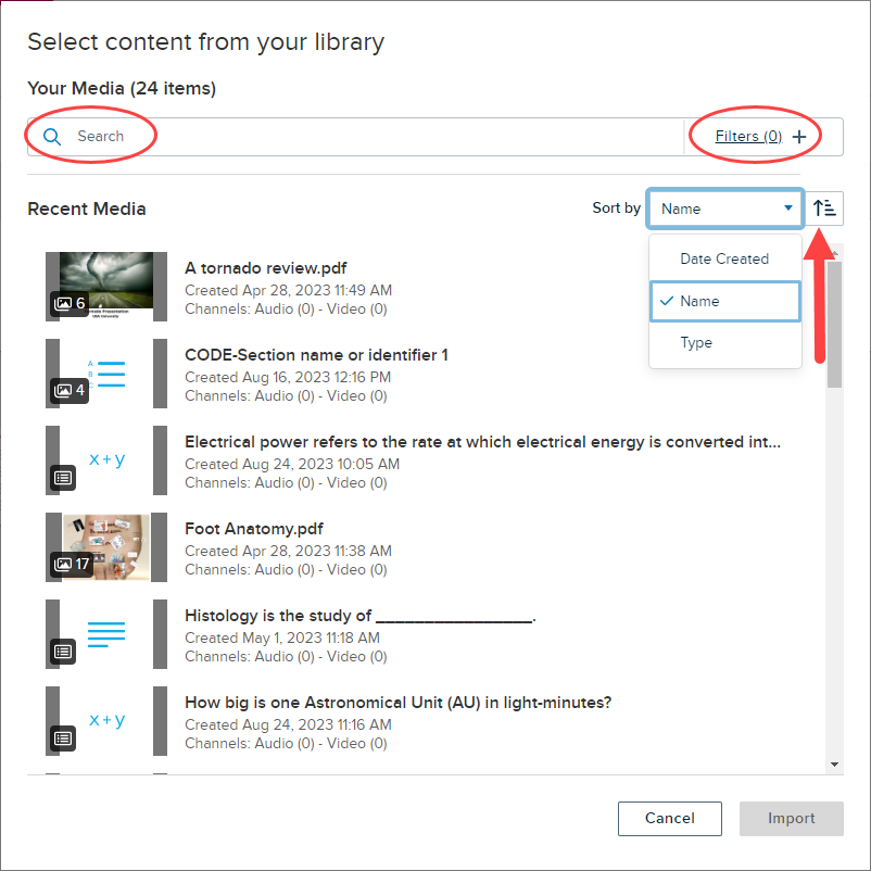Select content from your library modal showing list of importable media, with search, filters, and sort by options identified for use in steps as described