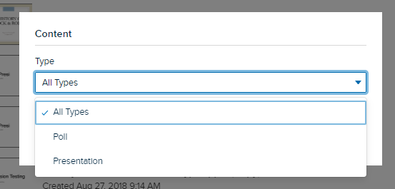 Filter content modal for library content with content type drop-down list open showing selection options as described