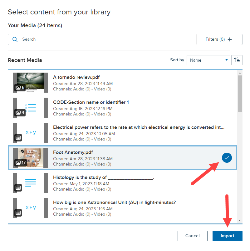 library content selection list with presentation selected and import button identified for steps as described