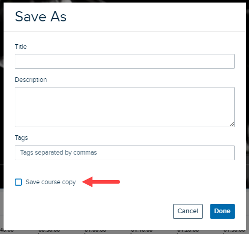 Save As modal with Save Course Copy checkbox identified