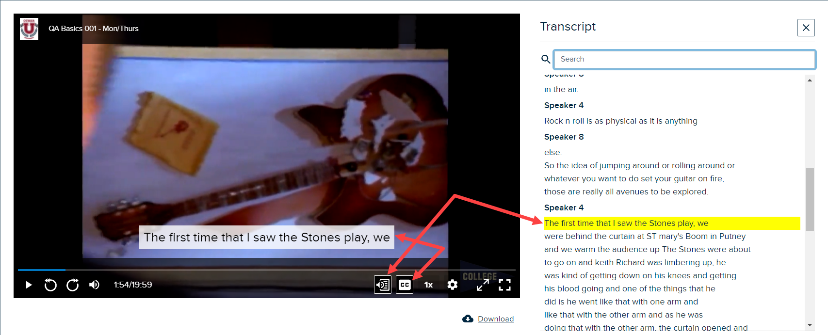 Media Player with both transcripts open and closed captions turned on and visible with icons for showing each identified as described