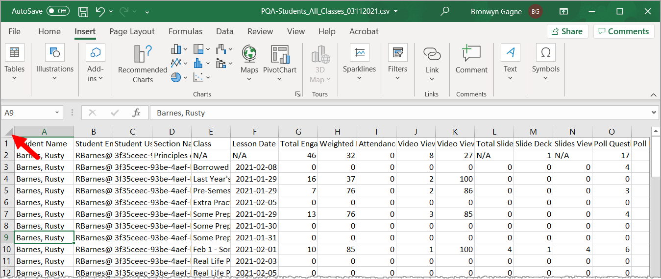 Excel spreadsheet with corner box for selecting all fields identified as described