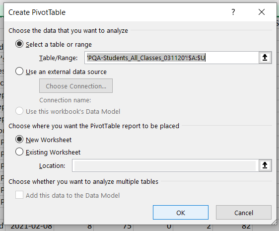 Create pivot table dialog box with data range populated from selection as described