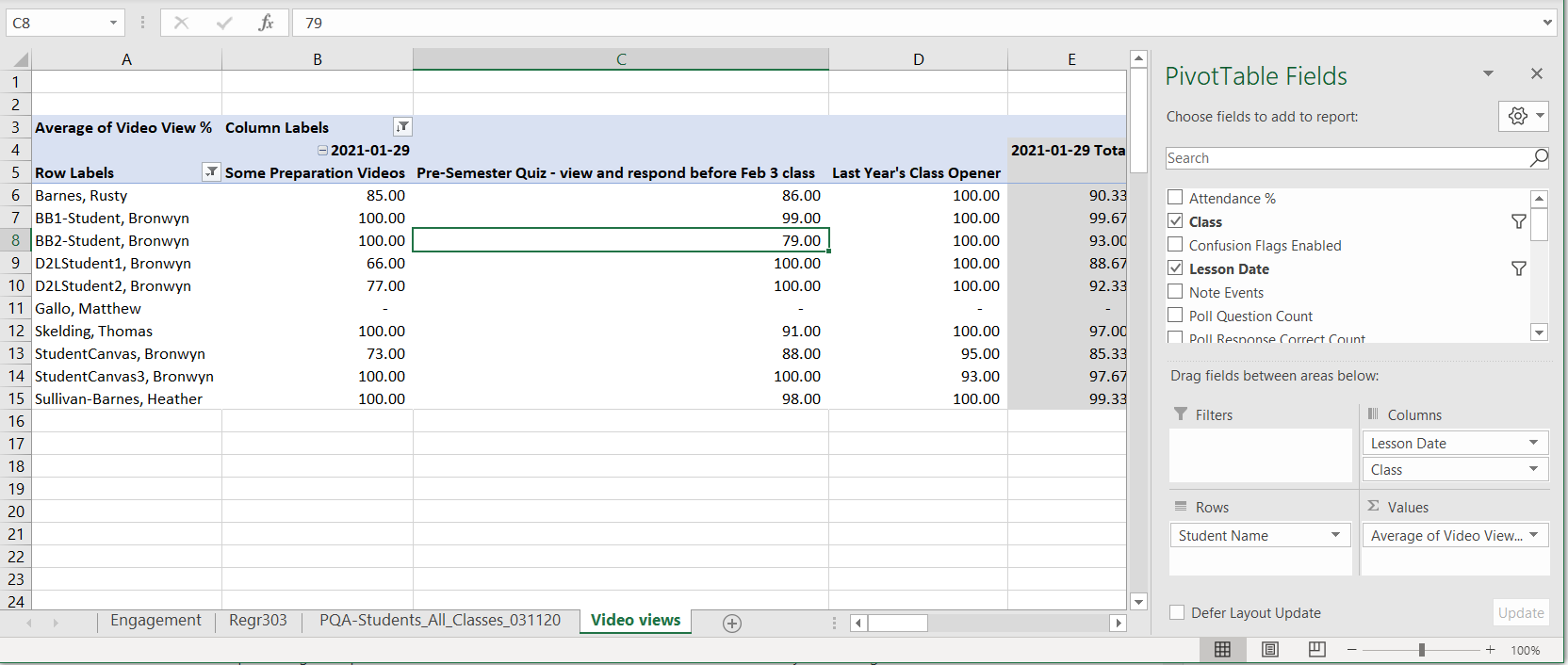 Excel with a completed pivot table showing video view percentage data for the students and classes in the original data sheet