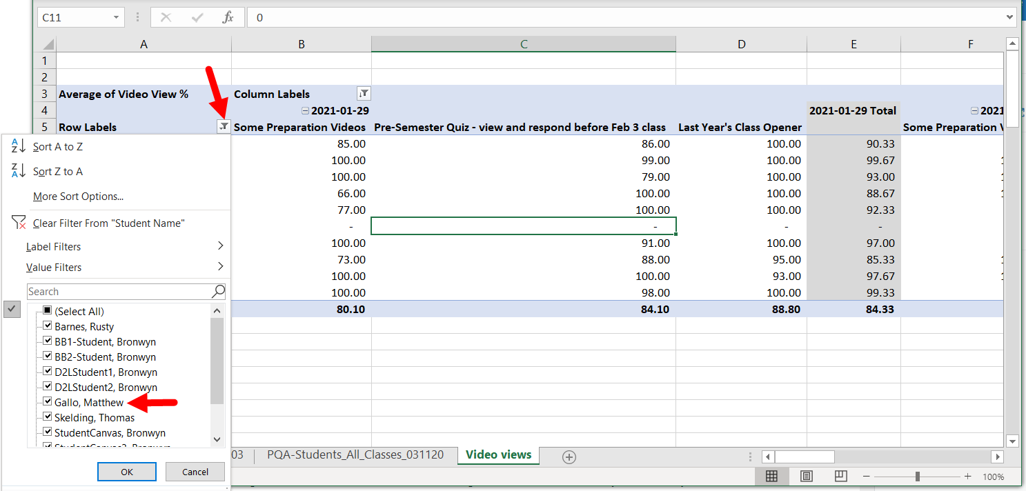 Pivot table row labels drop-down open showing student with no data identified and unchecked as described