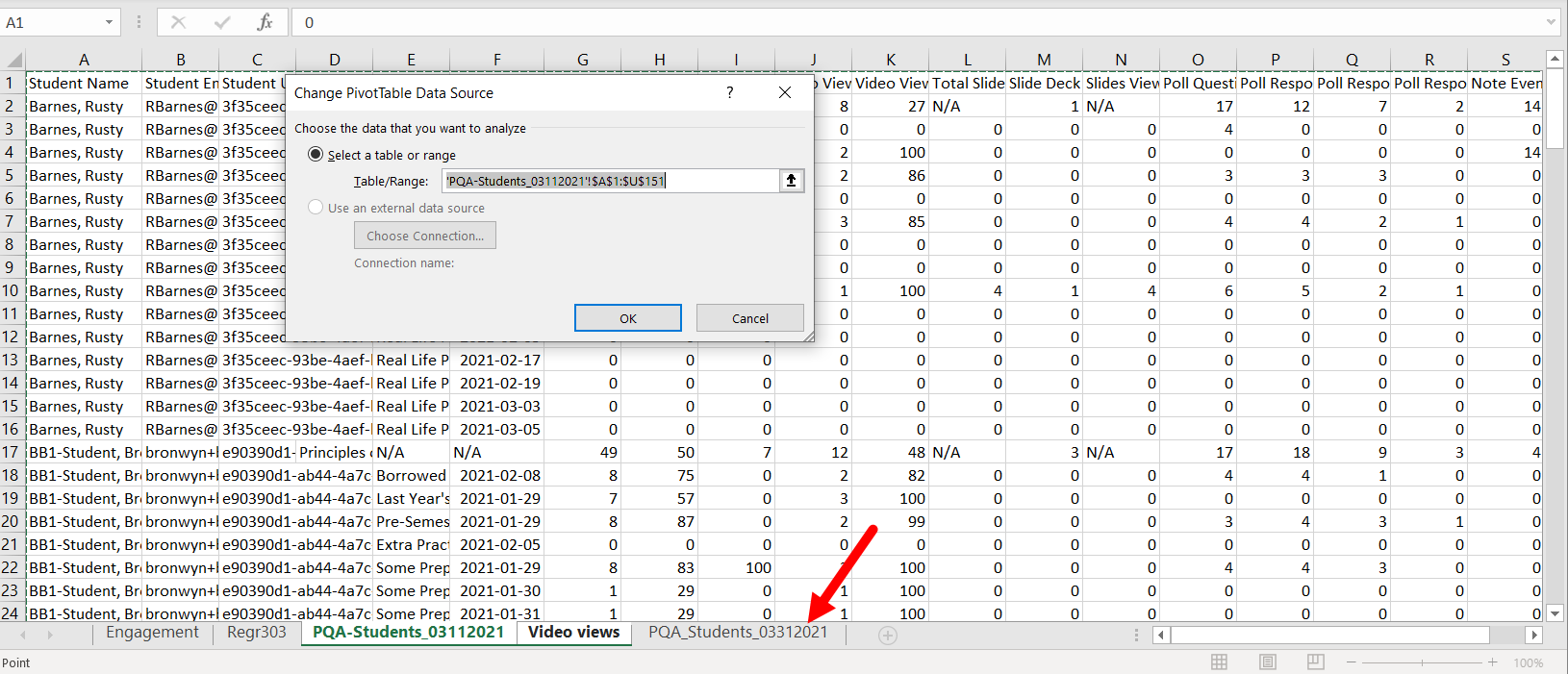 Excel file with change data source dialog box over original data sheet and new data sheet for selection identified for steps as described