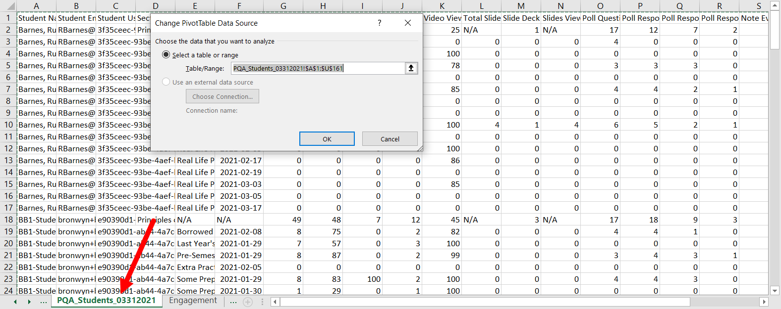 Change data source dialog box on top of original worksheet with newly pasted data