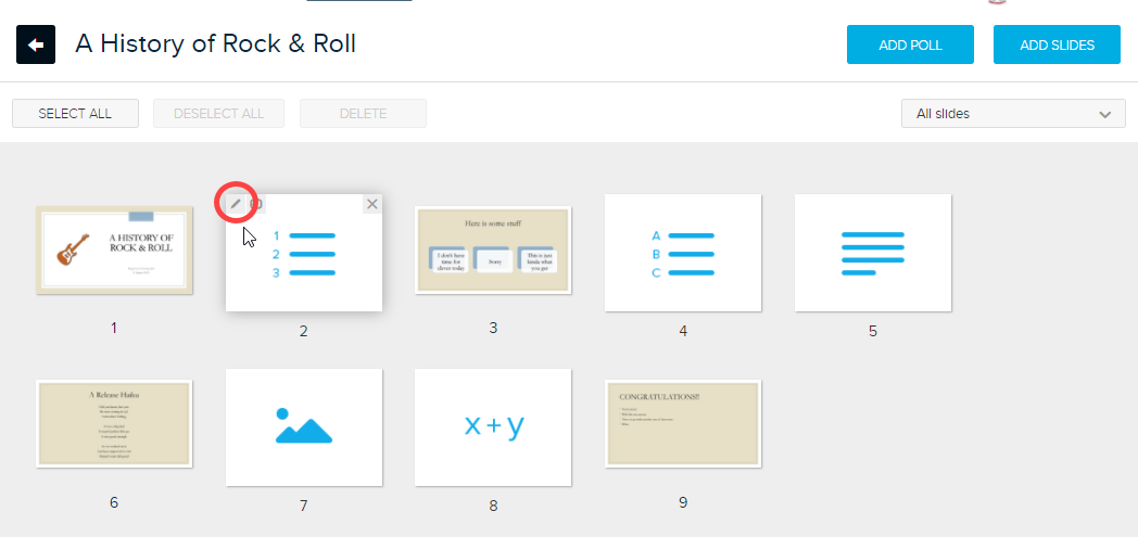 Presentation editor showing slides and edit polling slide icon circled and identified as described