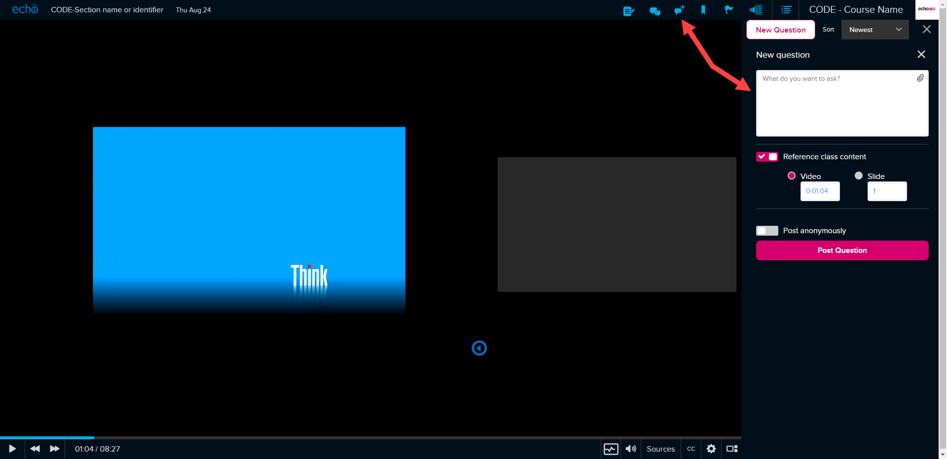 Classroom with New Question panel open containing options as described