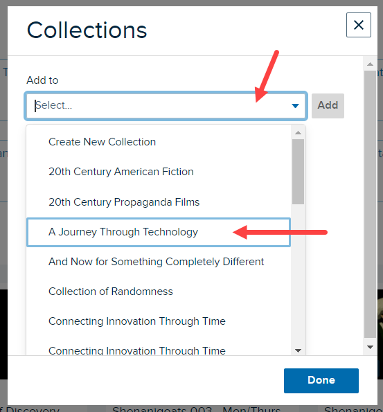 Collections modal with Add to collection drop down list open showing collections for selection as described