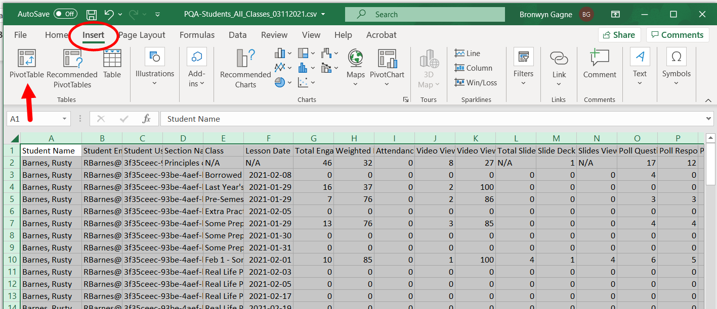 Insert menu open with Pivot table option identified for steps as described