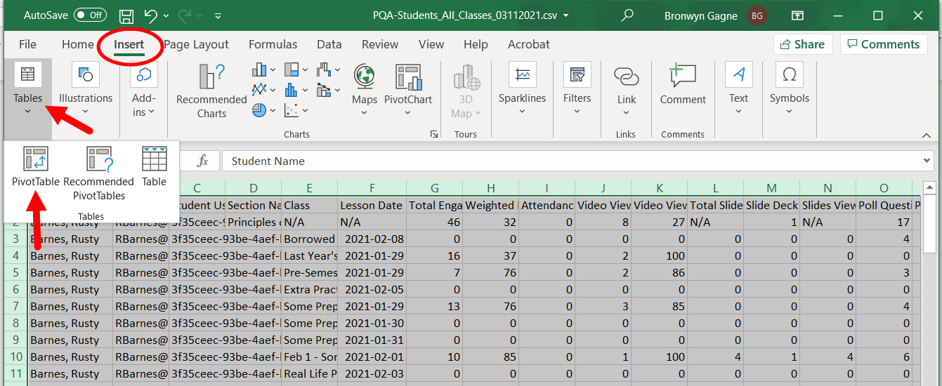 Insert menu open with Tables selected and Pivot Table option identified for steps as described