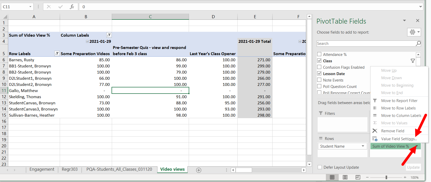 Value field menu open with value field settings selection identified as described