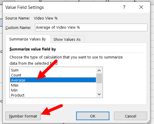 Value field settings dialog box with Average selected and Number format button identified for steps as described