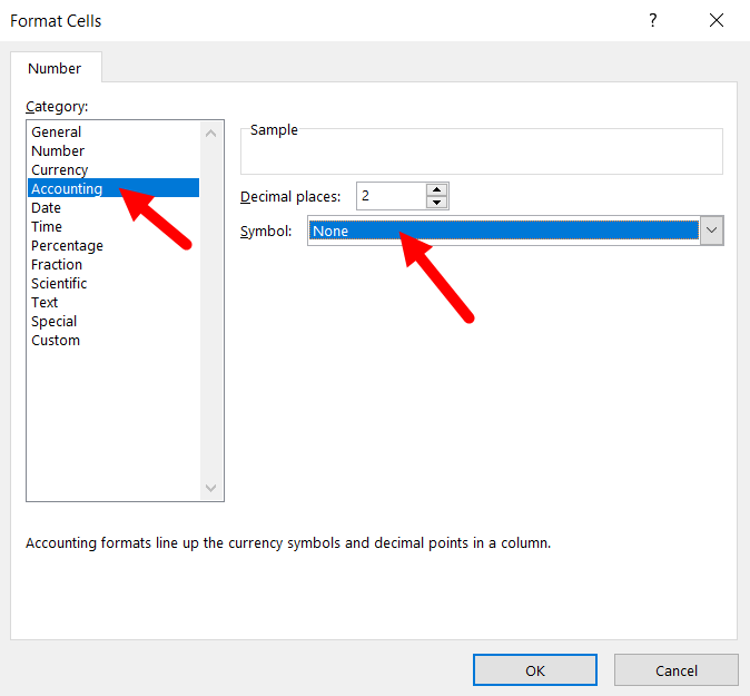 Number format dialog box with Accounting type selected and None selected for symbol as described