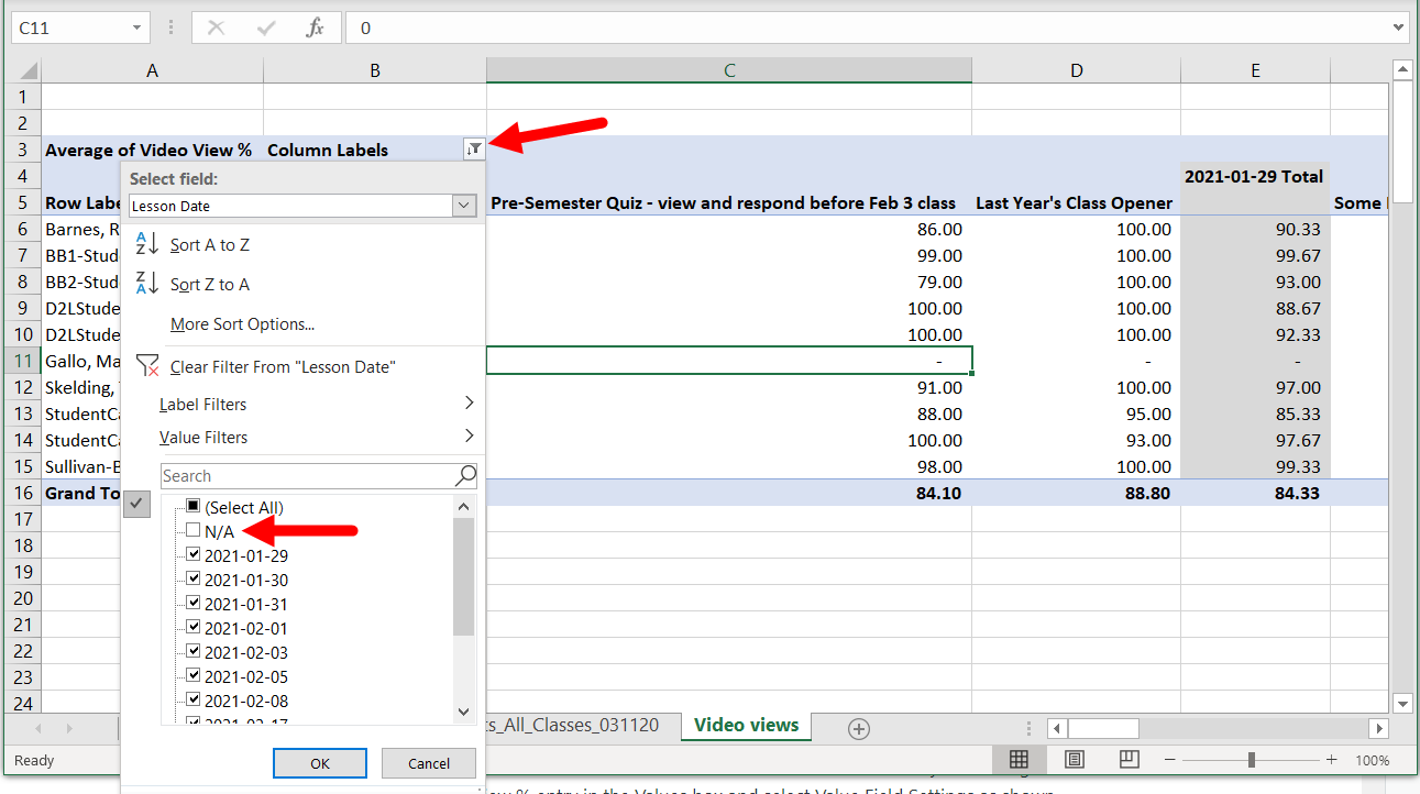 Pivot table Column labels drop-down open with N/A identified and unchecked as described