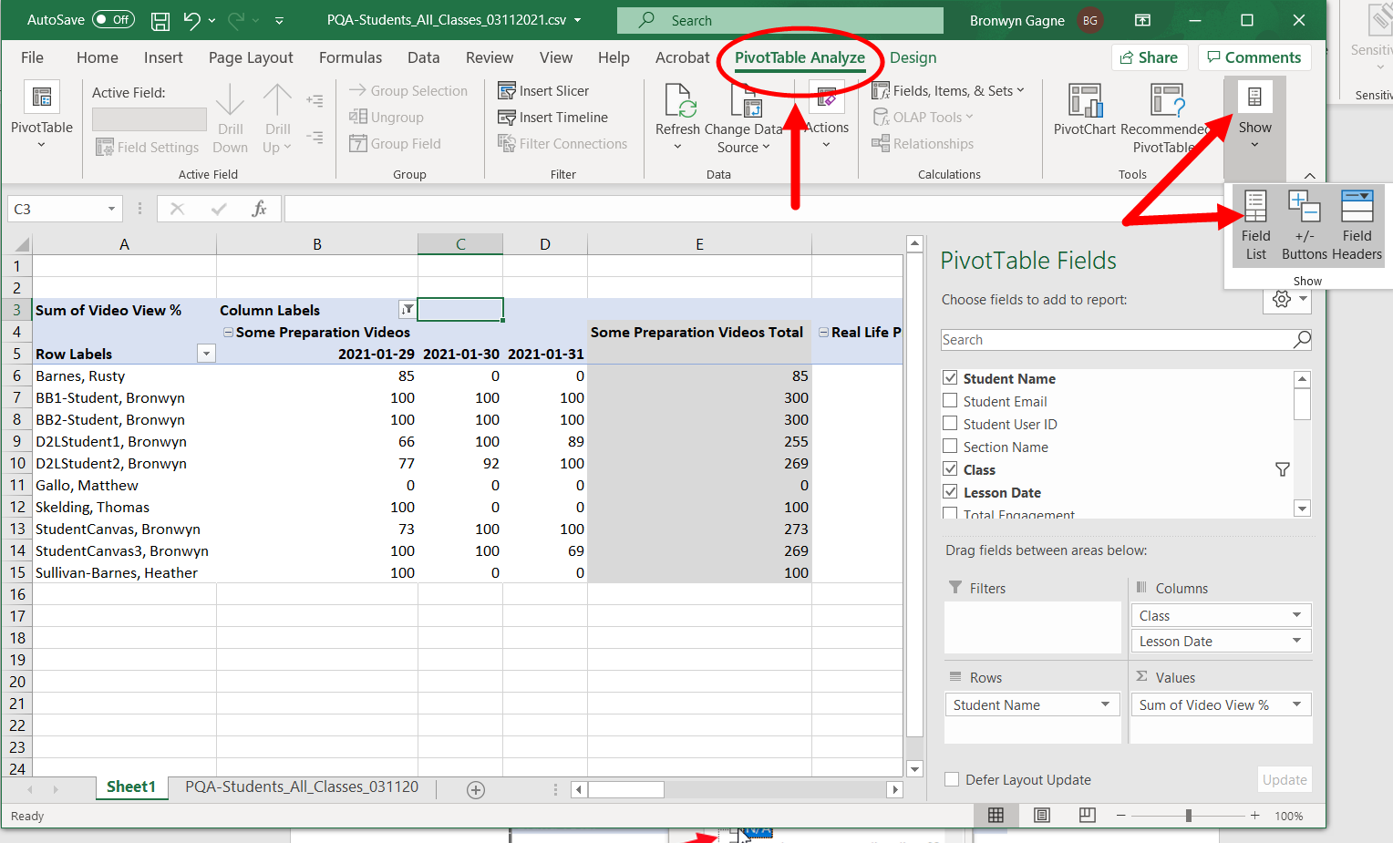 Pivot table analyze ribbon with Show button selected and Field List option identified for steps as described