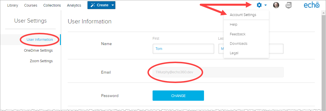 User Information tab of Account Settings page with navigation to the page shown and email field identified for comparison as described