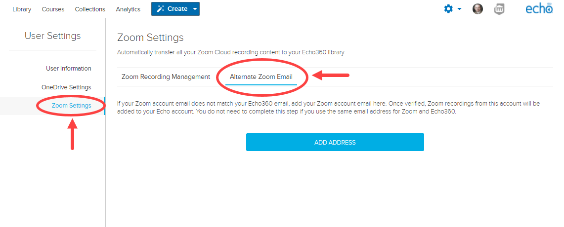 Account settings with Zoom settings tab shown and Alternate Zoom Email sub-tab open showing options as described