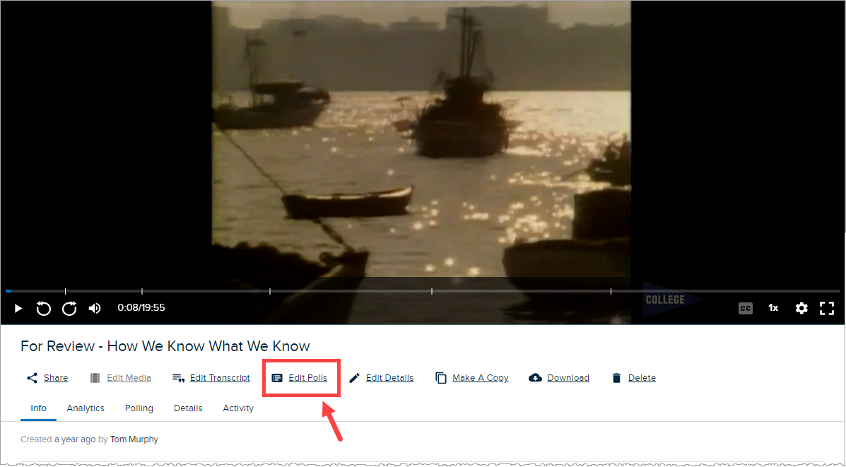 Media details page of interactive media with Edit Polls option identified as described