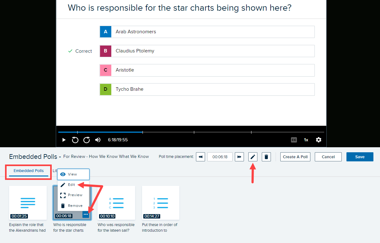 Interactive media editor with embedded poll selected and poll menu open with edit command identified as described