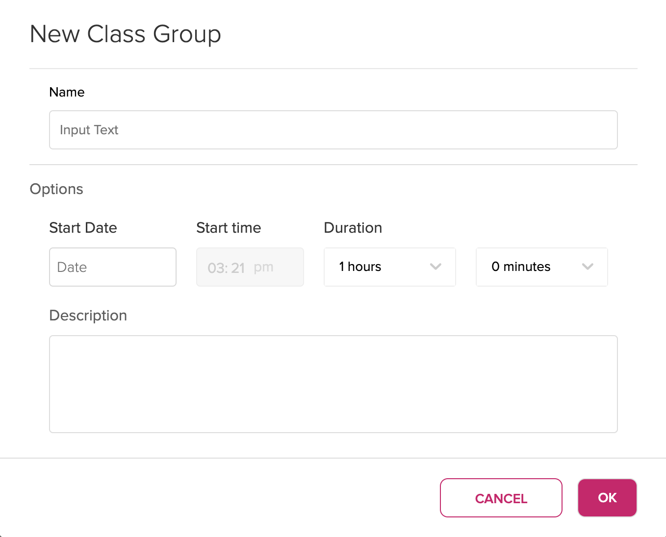 New class group dialog box with name and date and time and description fields for completion as described