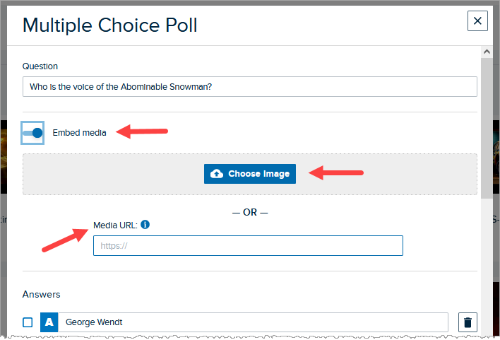 multiple choice poll with embed media option turned on showing additional media options for the poll as described