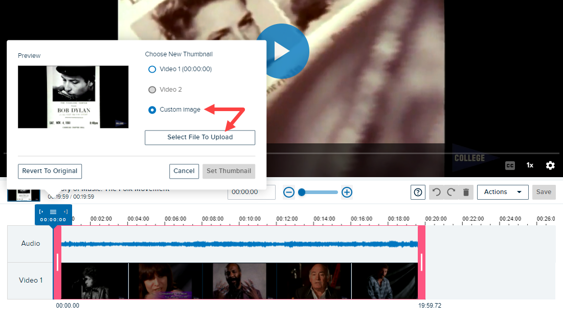 set thumbnail popup box with Custom Image option and Select File to upload button identified for selection as described