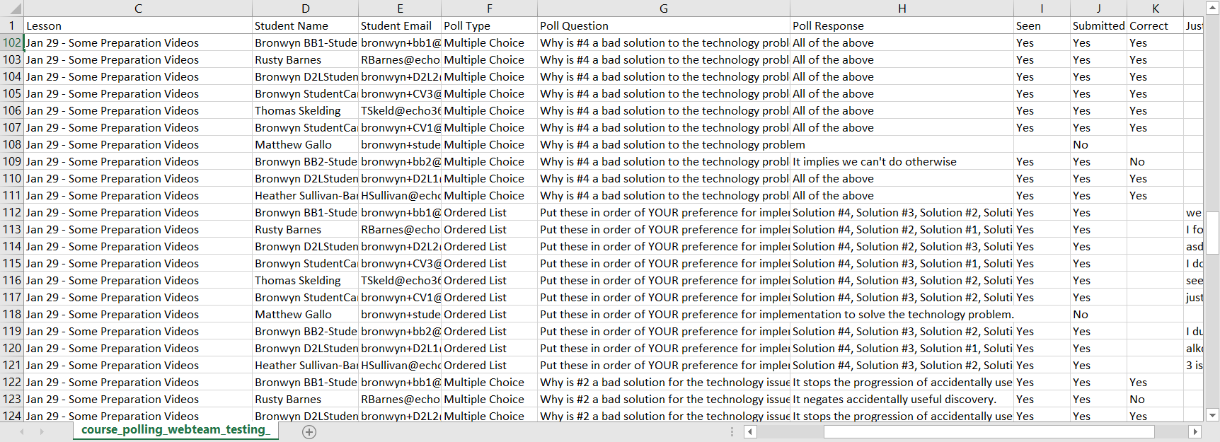 Picture of the downloaded course polling CSV file open in Excel with rows and columns as described