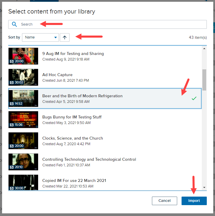 Select content from Library dialog box listing interactive media available for selection, and search and sort options identified with import button active for selection as described