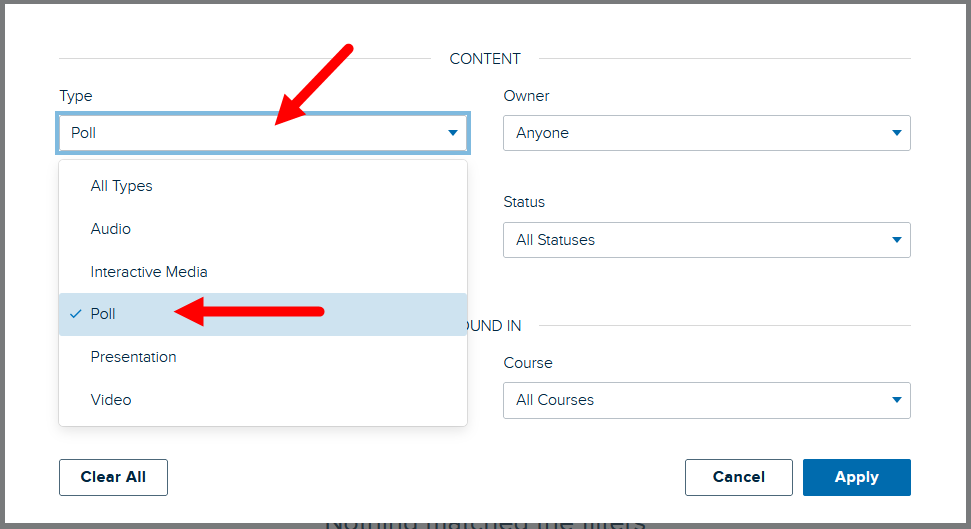 library filter box open with Poll selected as type for filtering media as described