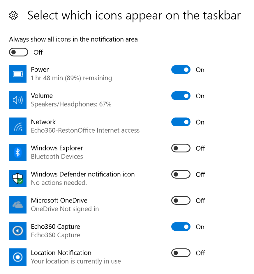 Windows taskbar settings