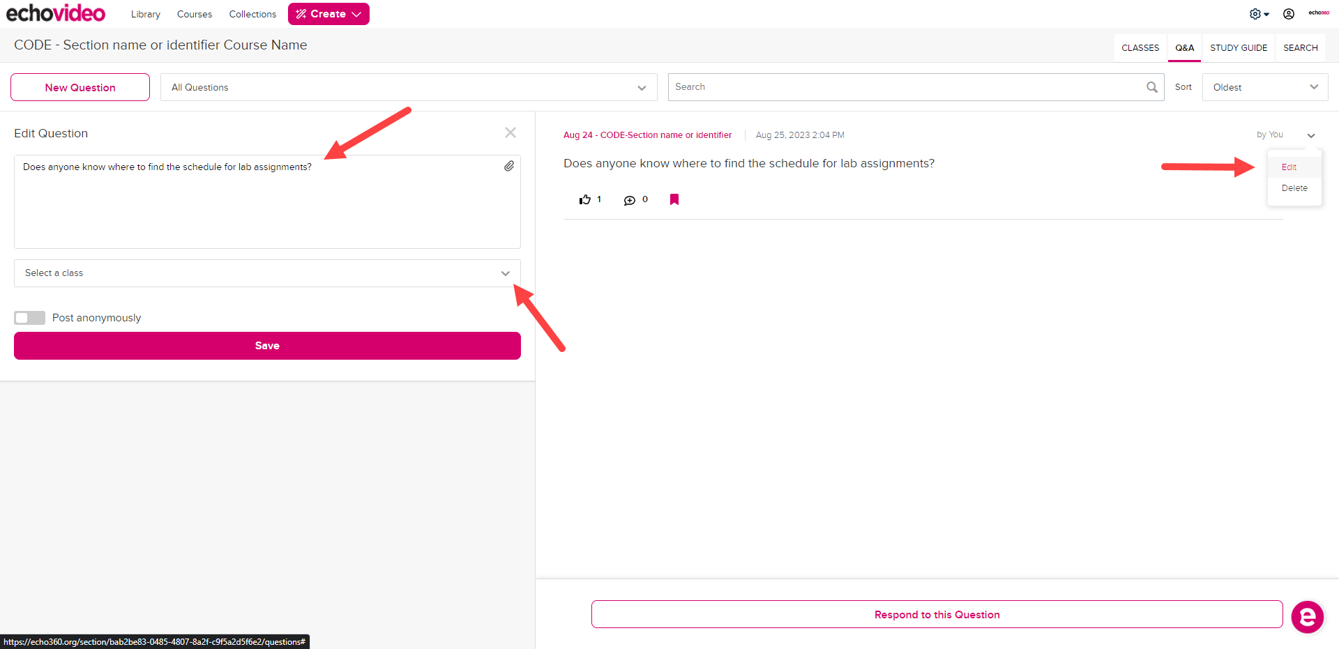 Q&A Tab with question selected for edit and editing panel in left side identified as described