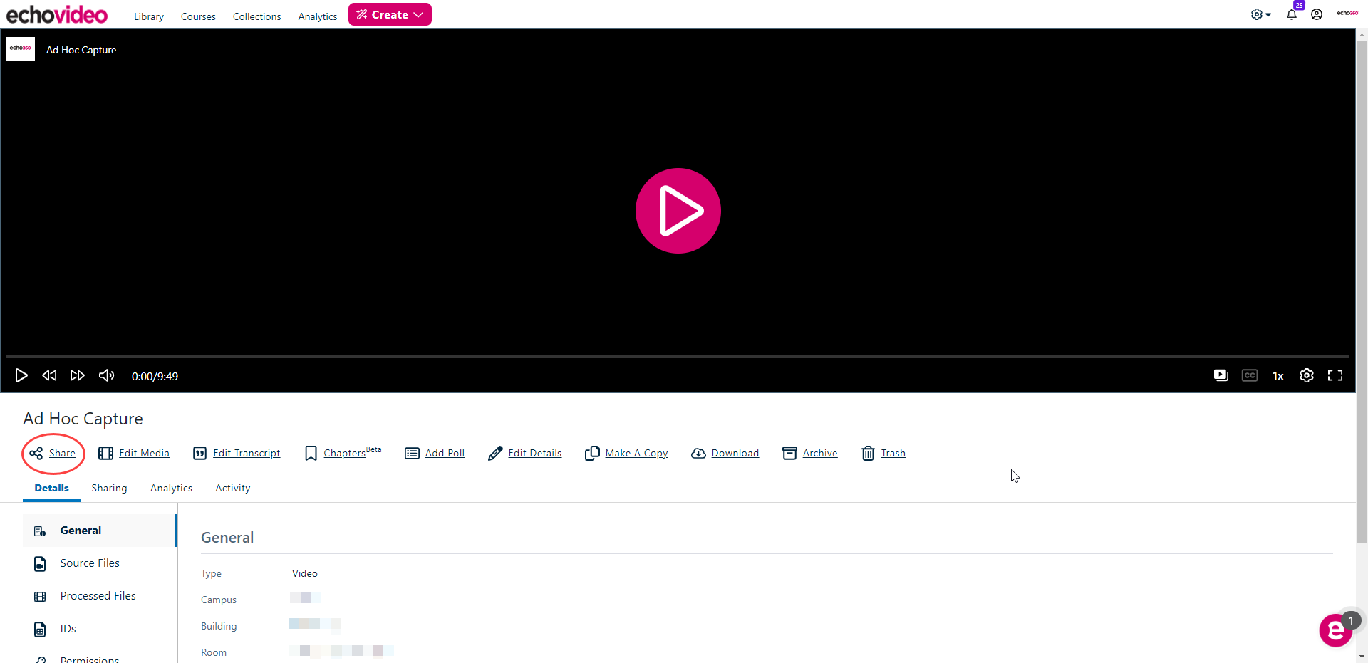 Video media details page opened from the Library with Share command identified as described