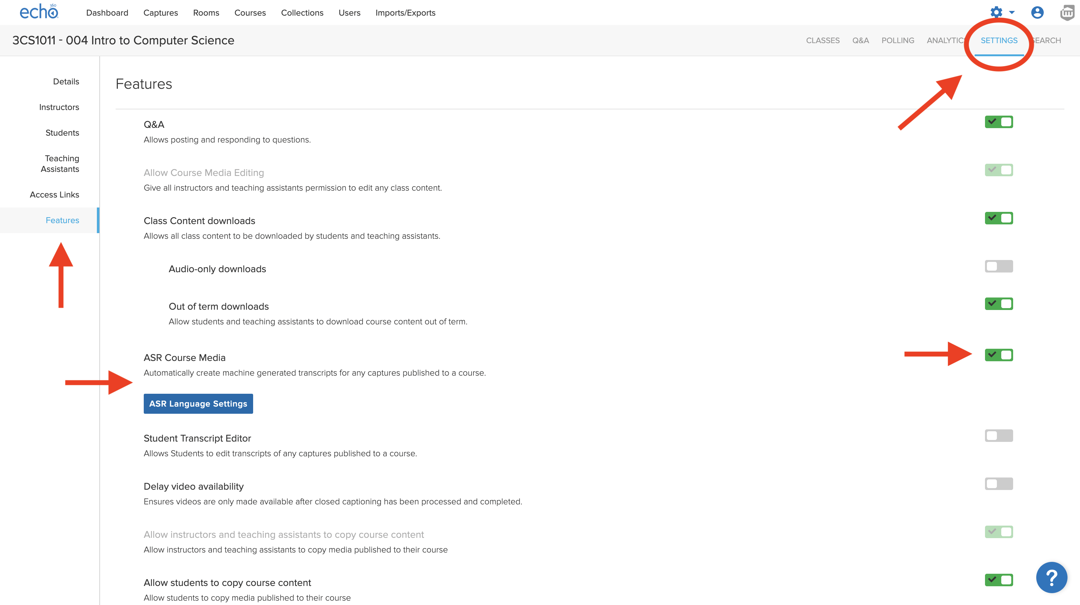 ASR Course Media feature toggle on Section Settings Features tab as described