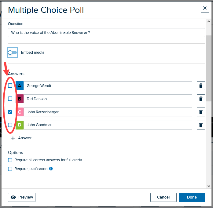 Multiple choice poll with question text and answer selections shown and correct answer checkbox enabled and identified as described