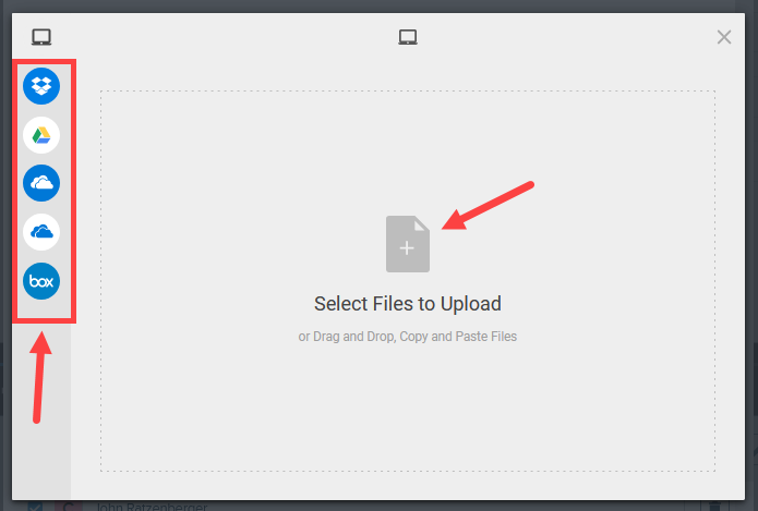 Filestack window for uploading media containing options as described