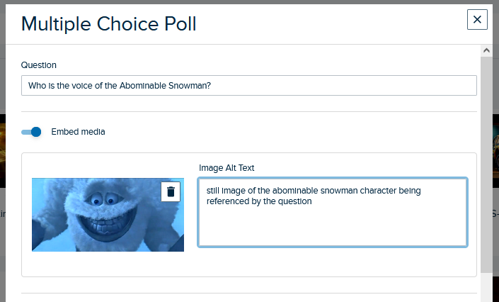Multiple choice poll with embedded uploaded image and alt text for image provided as described
