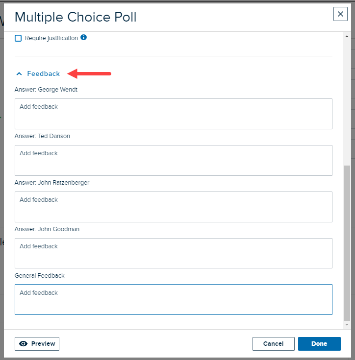 multiple choice poll showing feedback fields completed as described