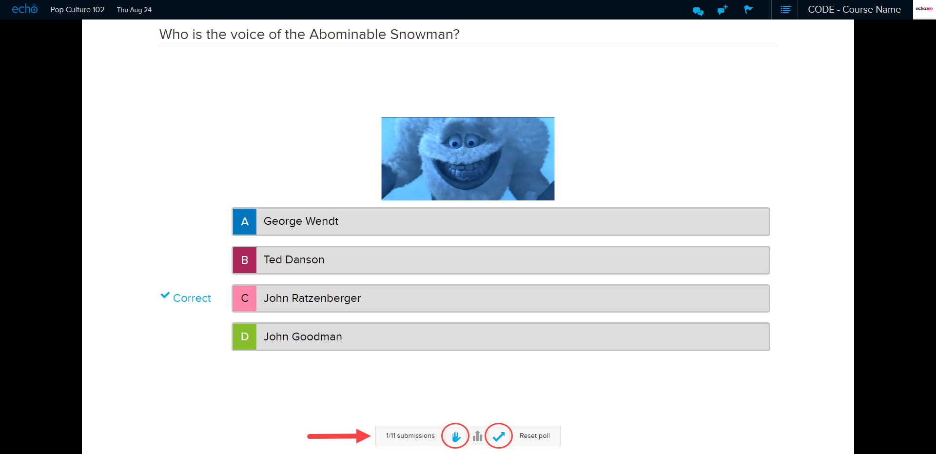 Instructor view of multiple choice poll in presentation with control button panel circled and close poll and show solution buttons identified