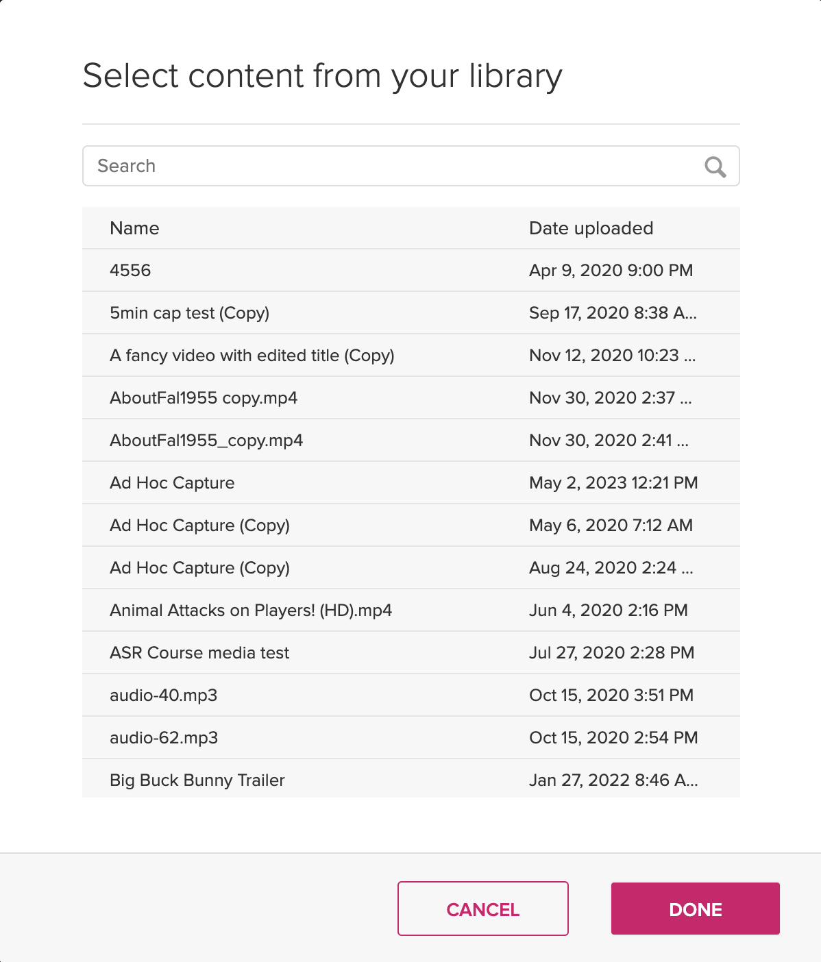 Select video from your library dialog box for publishing to a class as described