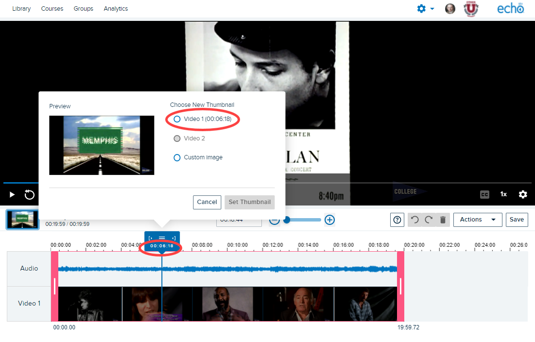 Set thumbnail popup showing video 1 and video 2 and Custom Image options, with Video 1 time-location identified as identical to cut location as described